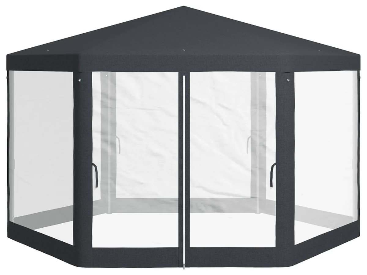 Sexkantig mörkgrå paviljong med nätgardiner